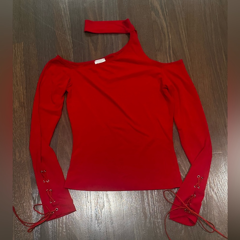 Vintage Frederick’s of Hollywood Red Off-Shoulder Women's Top XS Tie sleeves